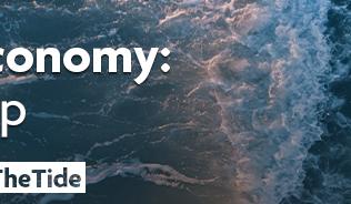Overhead view of the ocean with a wave 2/3 of the way across. Superimposed with text reading "Blue Economy: wrap-up. #IESTurningTheTide." Bottom right corner features the IES and UN Ocean Decade logos.